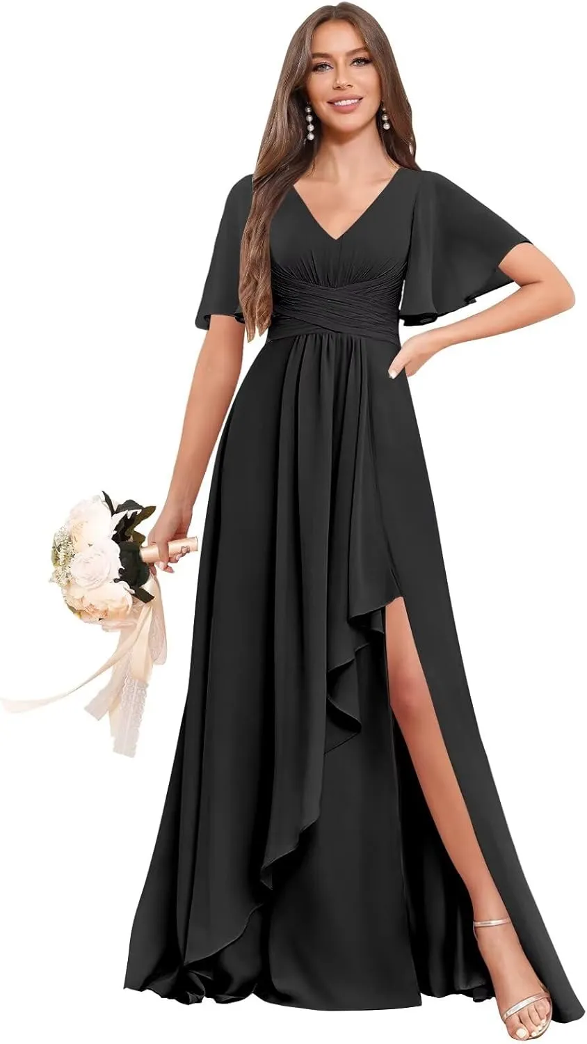 Women's Ruffle Sleeve Bridesmaid Dresses with Slit V Neck Chiffon Ruched Formal Wedding Guest Party Dresses