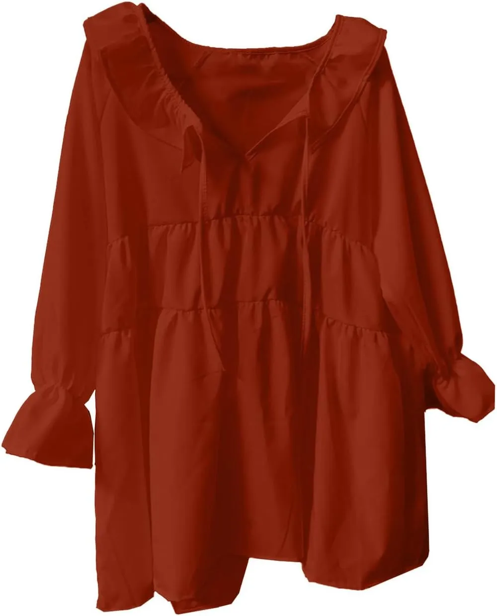 Womens Scoop Neck 3/4 Length Sleeve Tops Casual Tie Front Ruffle Tiered Loose Tunic Shirts Blouses Summer Outfits