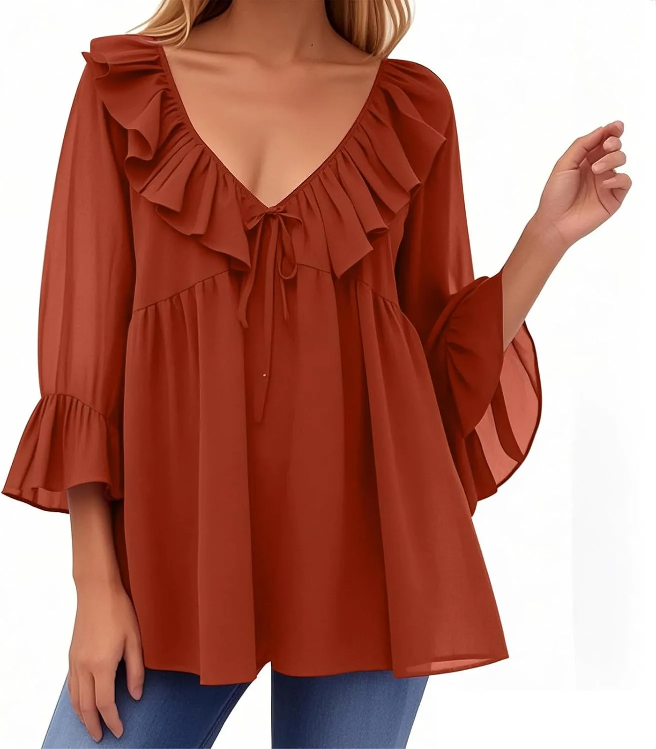 Womens Scoop Neck 3/4 Length Sleeve Tops Casual Tie Front Ruffle Tiered Loose Tunic Shirts Blouses Summer Outfits