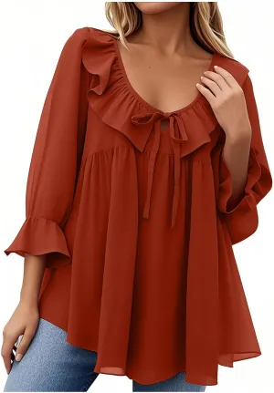 Womens Scoop Neck 3/4 Length Sleeve Tops Casual Tie Front Ruffle Tiered Loose Tunic Shirts Blouses Summer Outfits