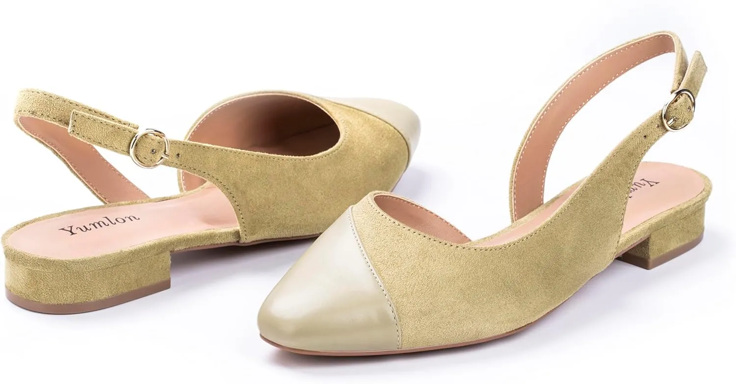 Women's Slingback Low Heel Pumps - 0.9" Comfort Heel, Adjustable Strap & Breathable Materials (Emerald Green/Black/Nude)