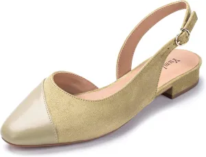 Women's Slingback Low Heel Pumps - 0.9" Comfort Heel, Adjustable Strap & Breathable Materials (Emerald Green/Black/Nude)