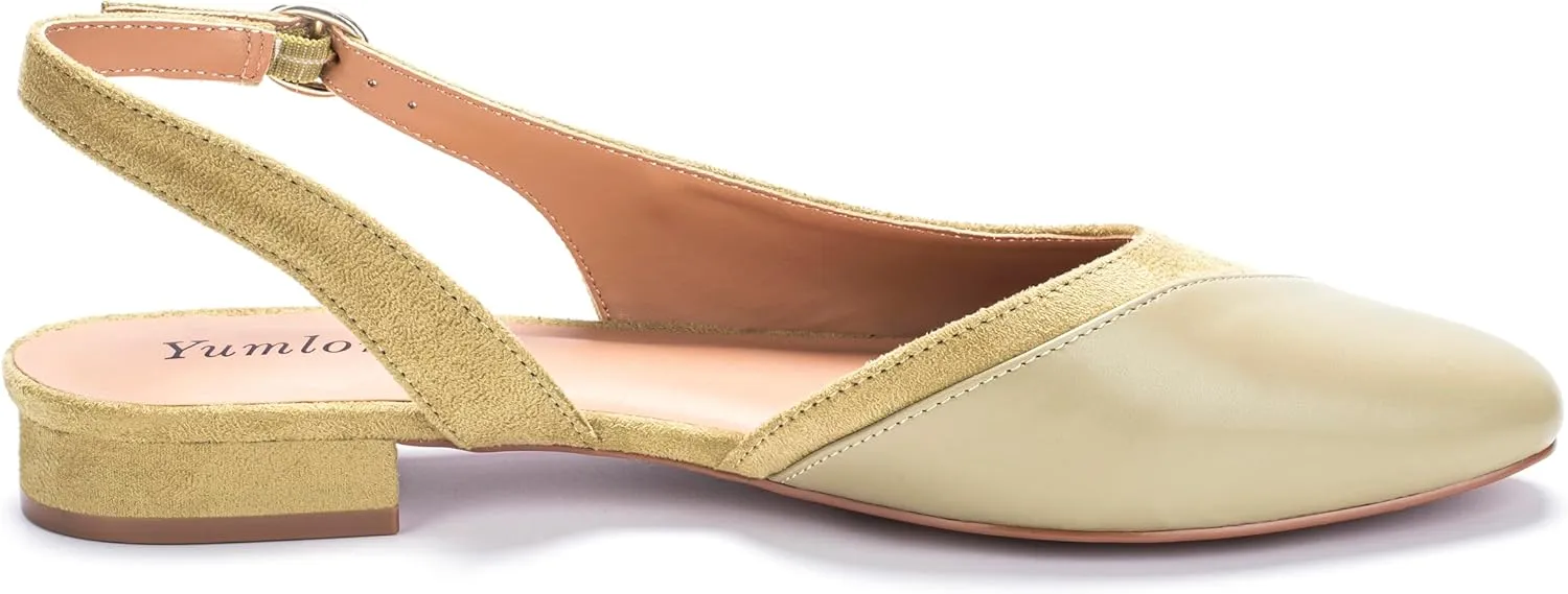 Women's Slingback Low Heel Pumps - 0.9" Comfort Heel, Adjustable Strap & Breathable Materials (Emerald Green/Black/Nude)