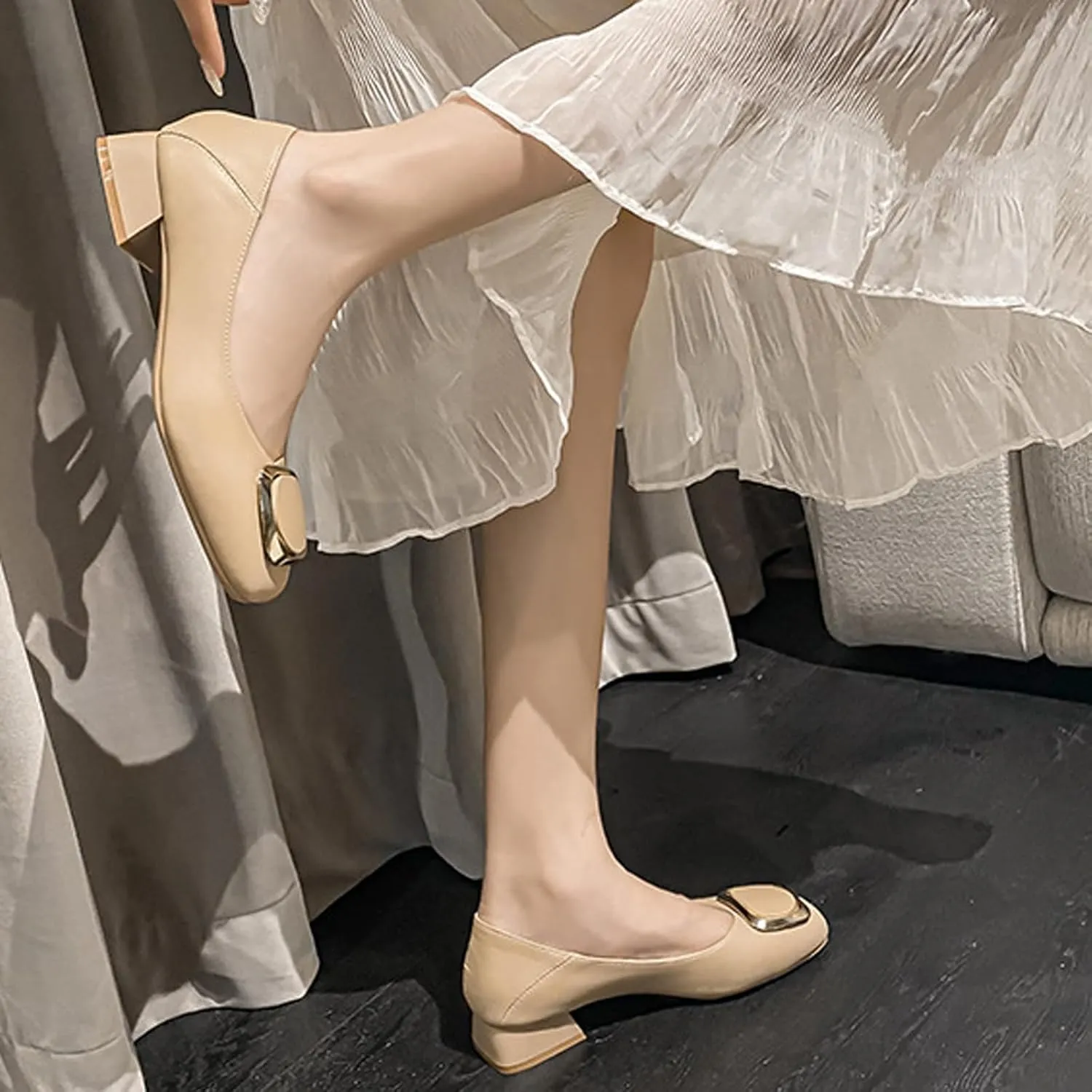 Women's Square Toe Metal Buckle Heels Comfortable Slip On Patent Chunky Low Block Heel Pumps Outdoor Classic Dress Wedding Office Party Shoes