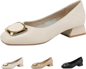 Women's Square Toe Metal Buckle Heels Comfortable Slip On Patent Chunky Low Block Heel Pumps Outdoor Classic Dress Wedding Office Party Shoes