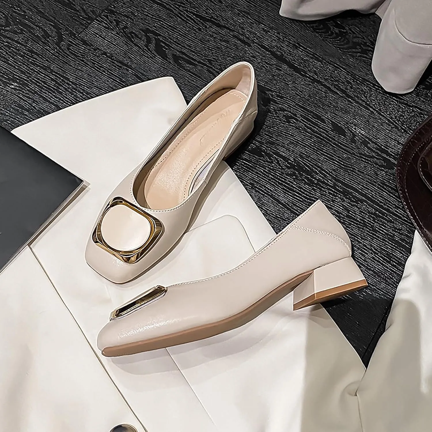 Women's Square Toe Metal Buckle Heels Comfortable Slip On Patent Chunky Low Block Heel Pumps Outdoor Classic Dress Wedding Office Party Shoes