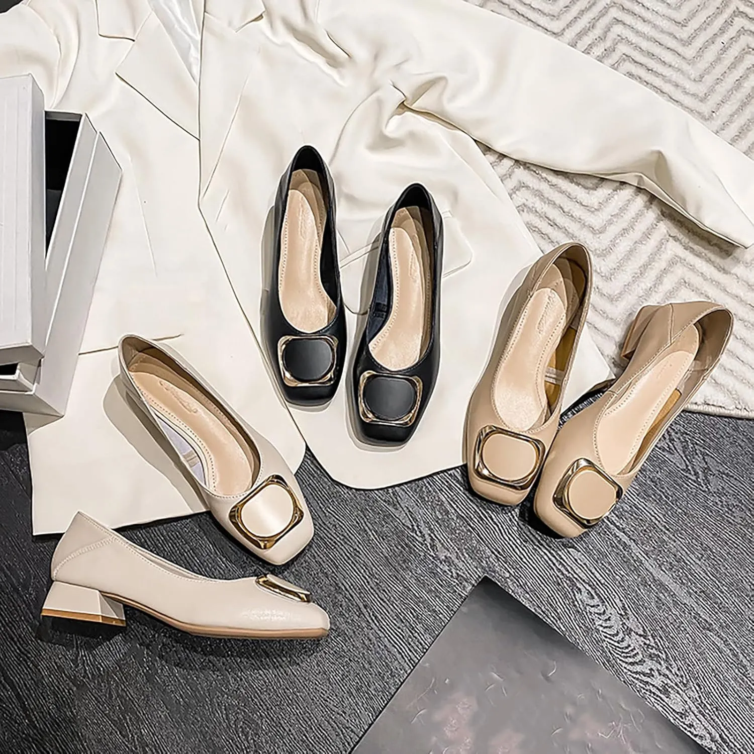 Women's Square Toe Metal Buckle Heels Comfortable Slip On Patent Chunky Low Block Heel Pumps Outdoor Classic Dress Wedding Office Party Shoes