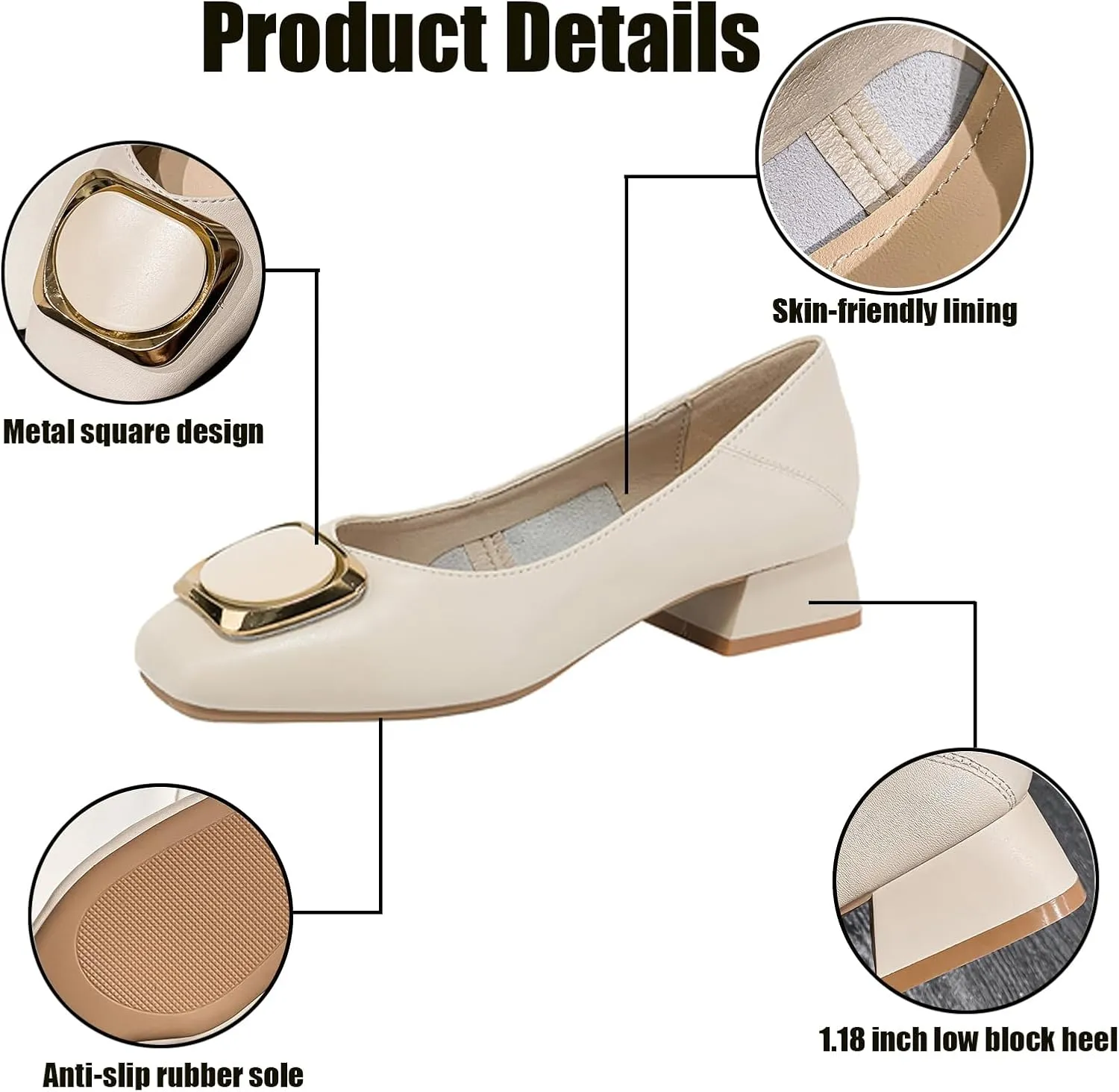 Women's Square Toe Metal Buckle Heels Comfortable Slip On Patent Chunky Low Block Heel Pumps Outdoor Classic Dress Wedding Office Party Shoes