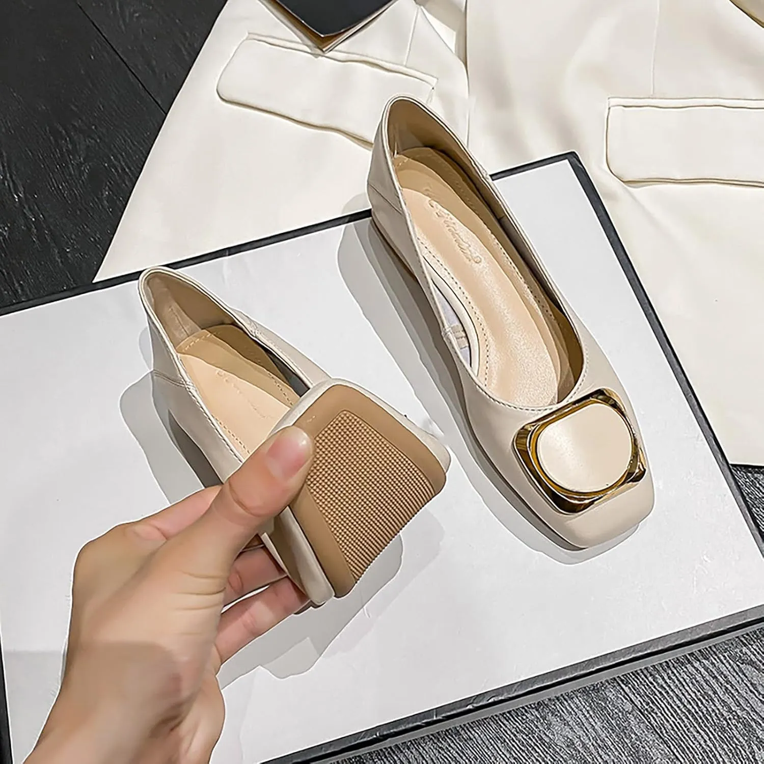 Women's Square Toe Metal Buckle Heels Comfortable Slip On Patent Chunky Low Block Heel Pumps Outdoor Classic Dress Wedding Office Party Shoes