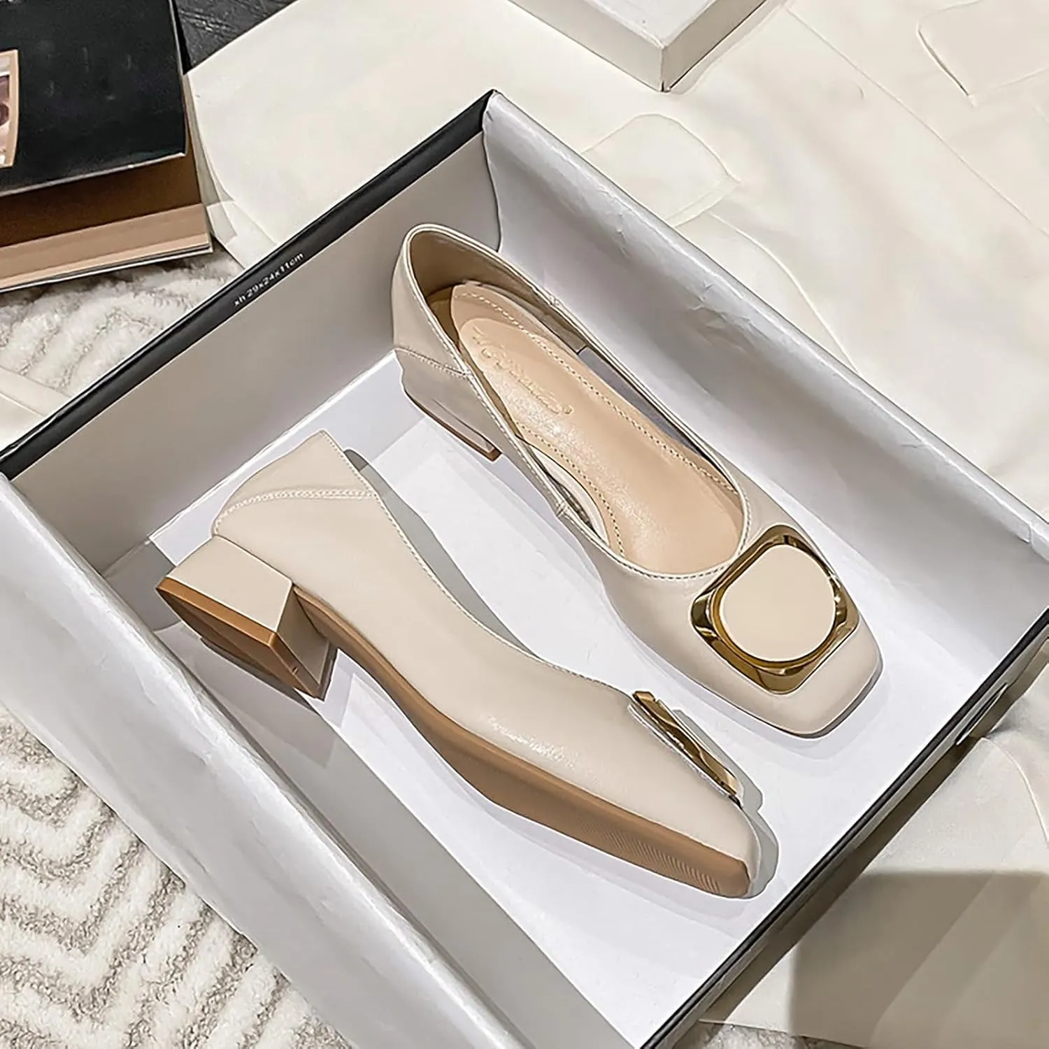 Women's Square Toe Metal Buckle Heels Comfortable Slip On Patent Chunky Low Block Heel Pumps Outdoor Classic Dress Wedding Office Party Shoes