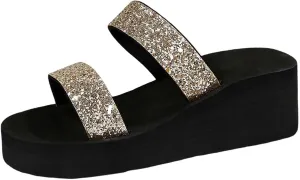 Women's Summer Sandals Open Toe Glitter Slide Shoes with 5-6cm Heel Height for Beach Casual Outfits Skirt Jeans