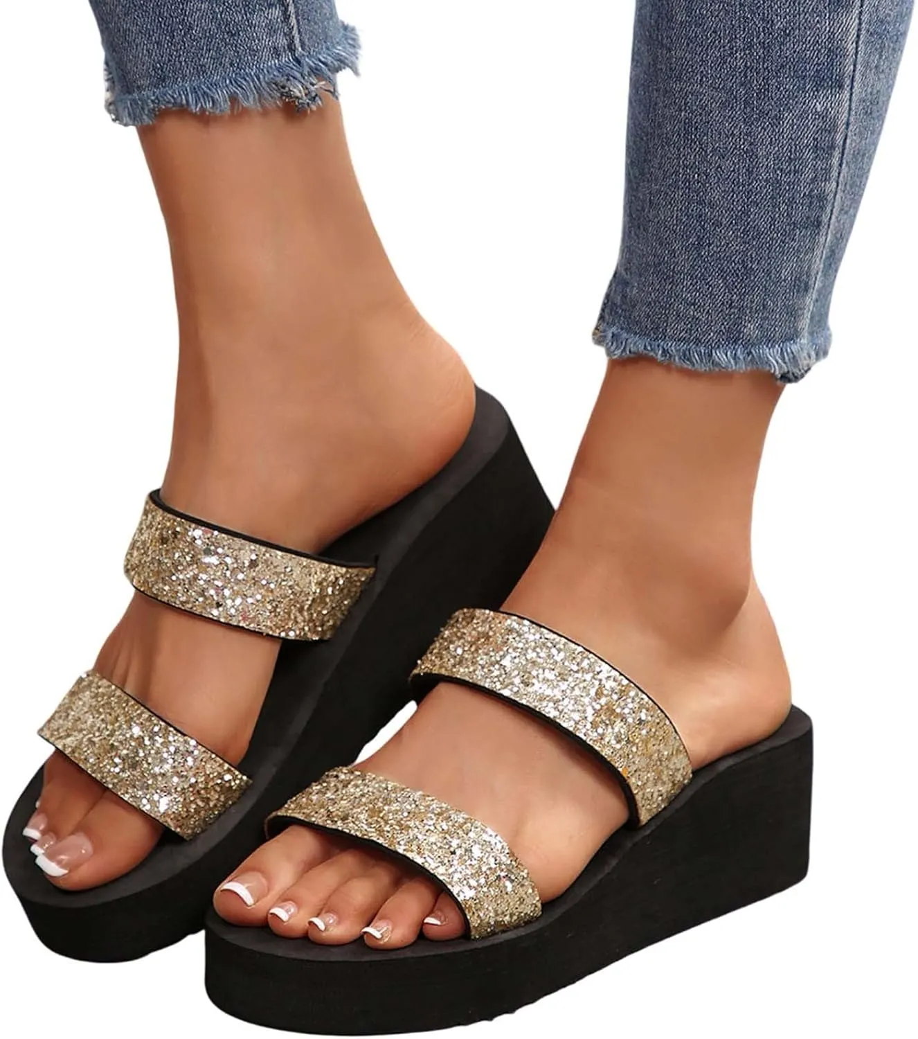 Women's Summer Sandals Open Toe Glitter Slide Shoes with 5-6cm Heel Height for Beach Casual Outfits Skirt Jeans