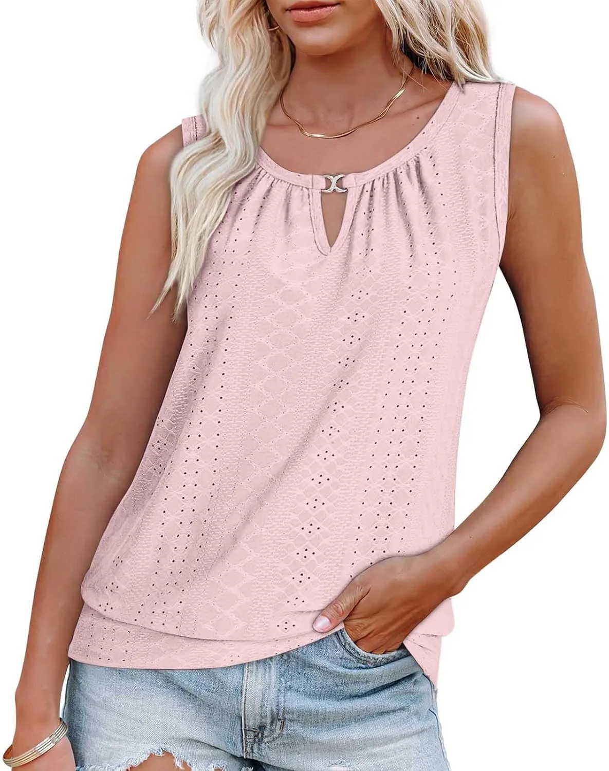 Womens Tank Tops Loose Fit Eyelet Sleeveless Summer Casual Shirts Soft Lightweight Relaxed Fitted Outfits 2025