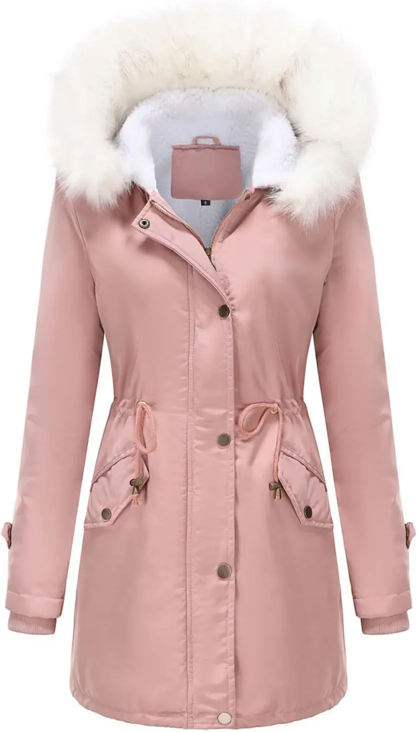 Womens Winter Coats Fleece Wram Lined Parka Thicken Waterproof Trench Long Puffer Jacket Down Coat Faux Fur Hooded