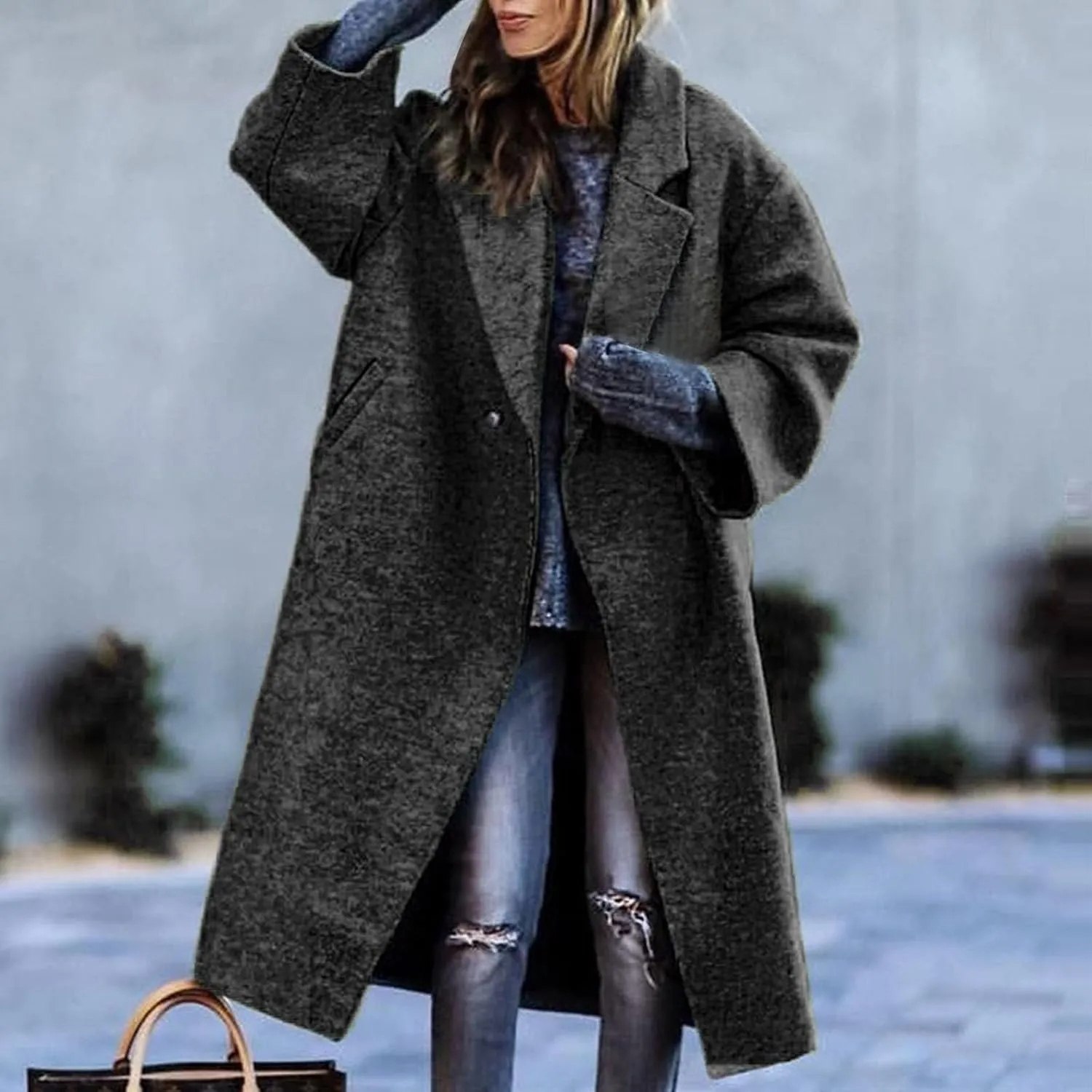 Women's Winter Woolen Coat,Lapel Collar One Button Winter Long Shacket Coat Plus Sized Trench Coat Pockets