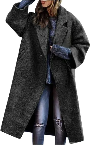 Women's Winter Woolen Coat,Lapel Collar One Button Winter Long Shacket Coat Plus Sized Trench Coat Pockets