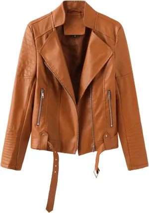 XUNRYAN Womens Fashion Faux-Leather Jackets Long Sleeve Coat Stand Collar Lapel Motorcycle Short PU Slim Fit Coat