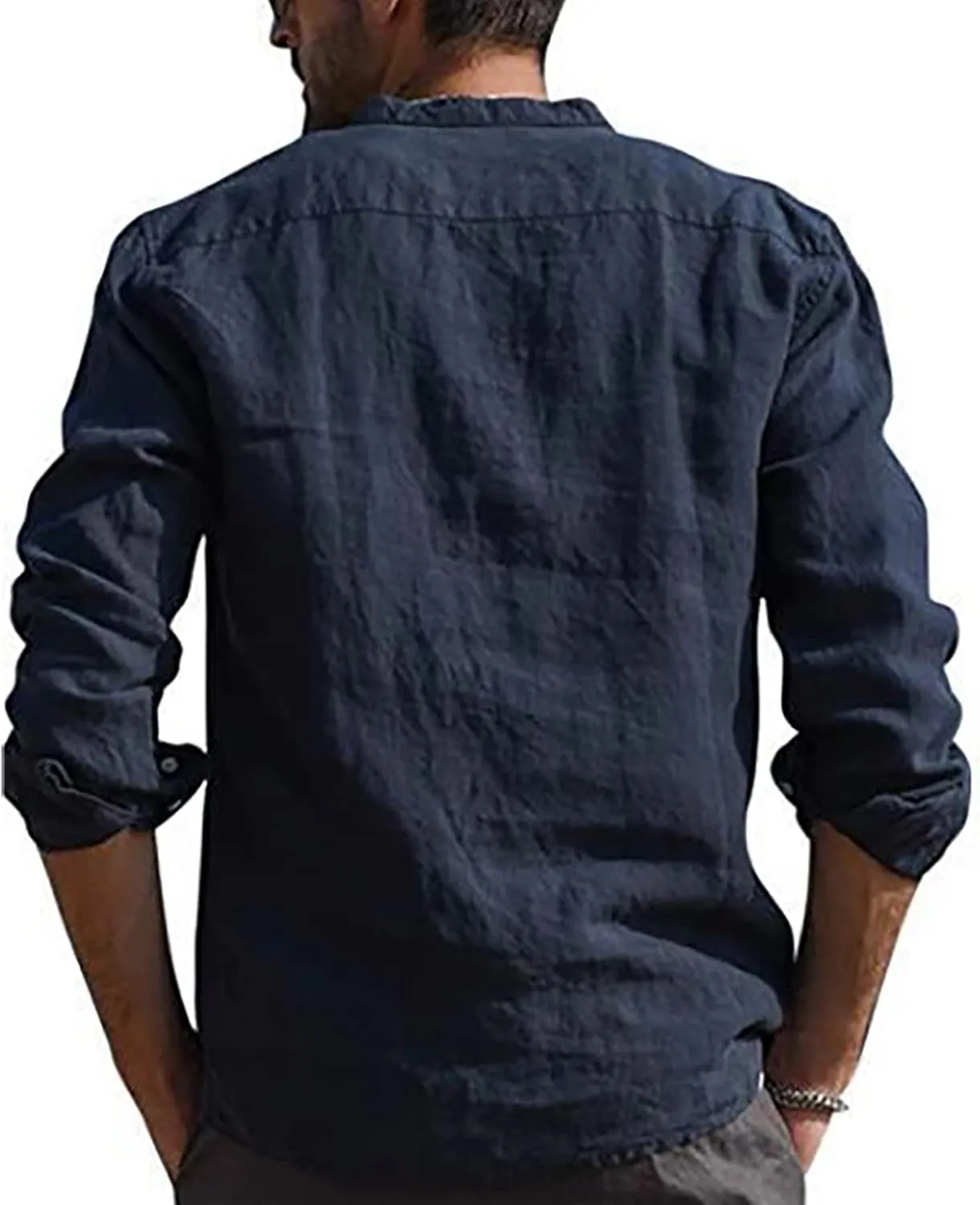 Ymosrh Men's Dress Shirts Cotton Linen Solid Color Long Sleeve Shirts Loose Stand Collar Shirts Mens Sleeved Shirt