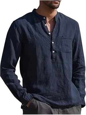 Ymosrh Men's Dress Shirts Cotton Linen Solid Color Long Sleeve Shirts Loose Stand Collar Shirts Mens Sleeved Shirt