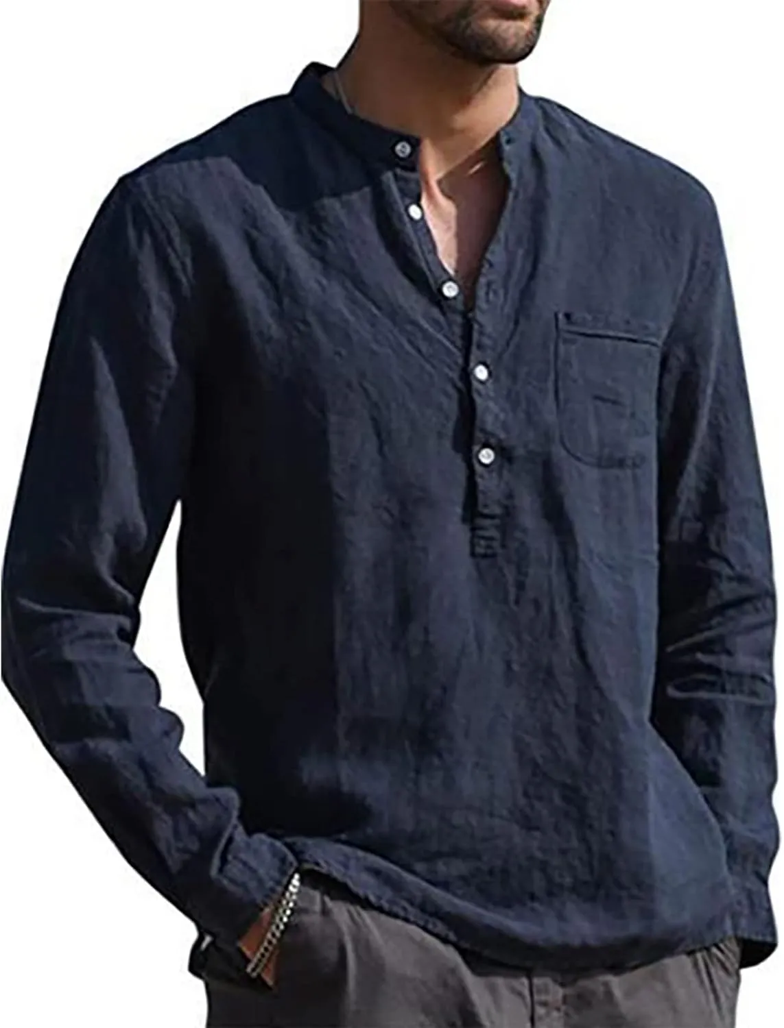 Ymosrh Men's Dress Shirts Cotton Linen Solid Color Long Sleeve Shirts Loose Stand Collar Shirts Mens Sleeved Shirt