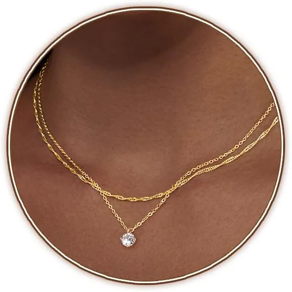 Zeffy Diamond Necklaces for Women, Dainty Gold Necklace 18k Gold Plated Layered Necklaces Simple Gold CZ Diamond Pendant Necklaces for Women Trendy Jewelry Gifts for Girls
