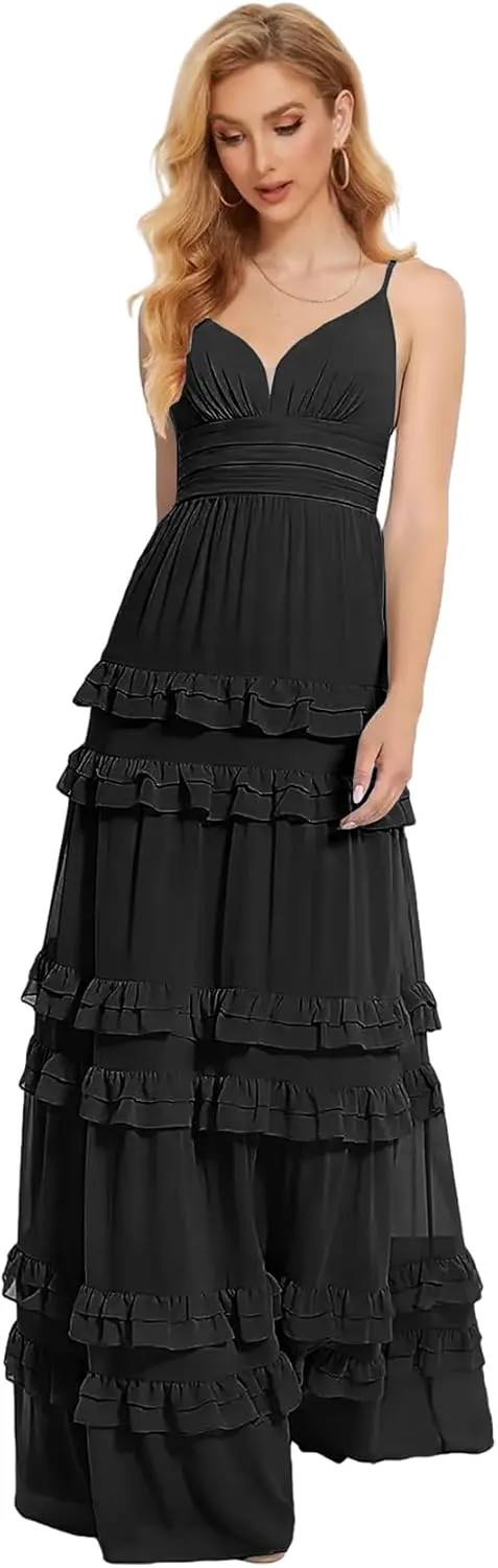 Zoghoo Spaghetti Straps Bridesmaid Dresses Long Formal Wedding Guest Dress Chiffon Layered Evening Gowns for Women