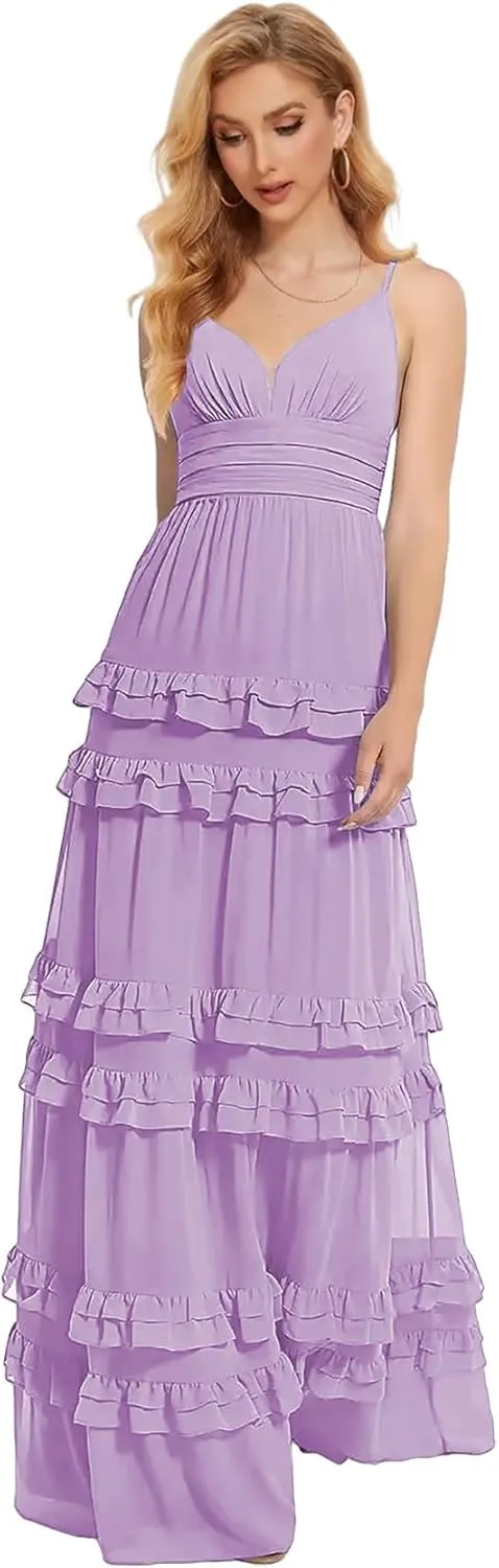 Zoghoo Spaghetti Straps Bridesmaid Dresses Long Formal Wedding Guest Dress Chiffon Layered Evening Gowns for Women