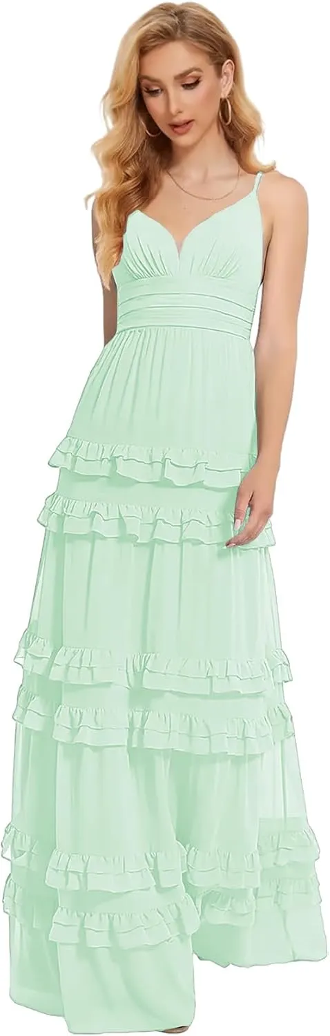 Zoghoo Spaghetti Straps Bridesmaid Dresses Long Formal Wedding Guest Dress Chiffon Layered Evening Gowns for Women