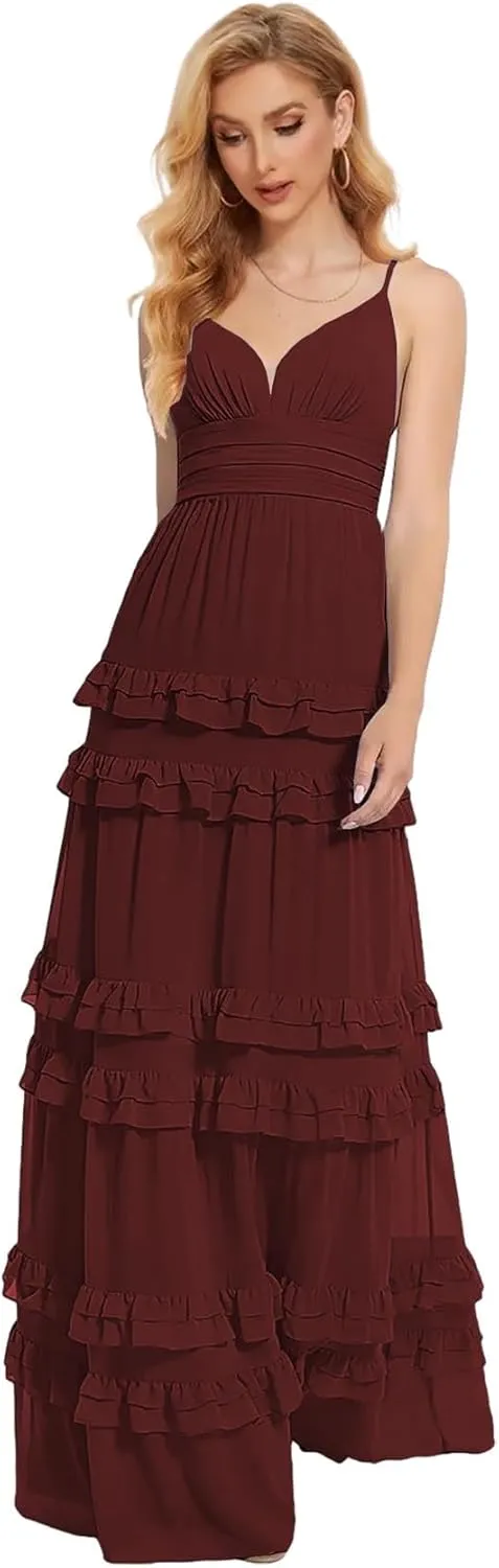 Zoghoo Spaghetti Straps Bridesmaid Dresses Long Formal Wedding Guest Dress Chiffon Layered Evening Gowns for Women
