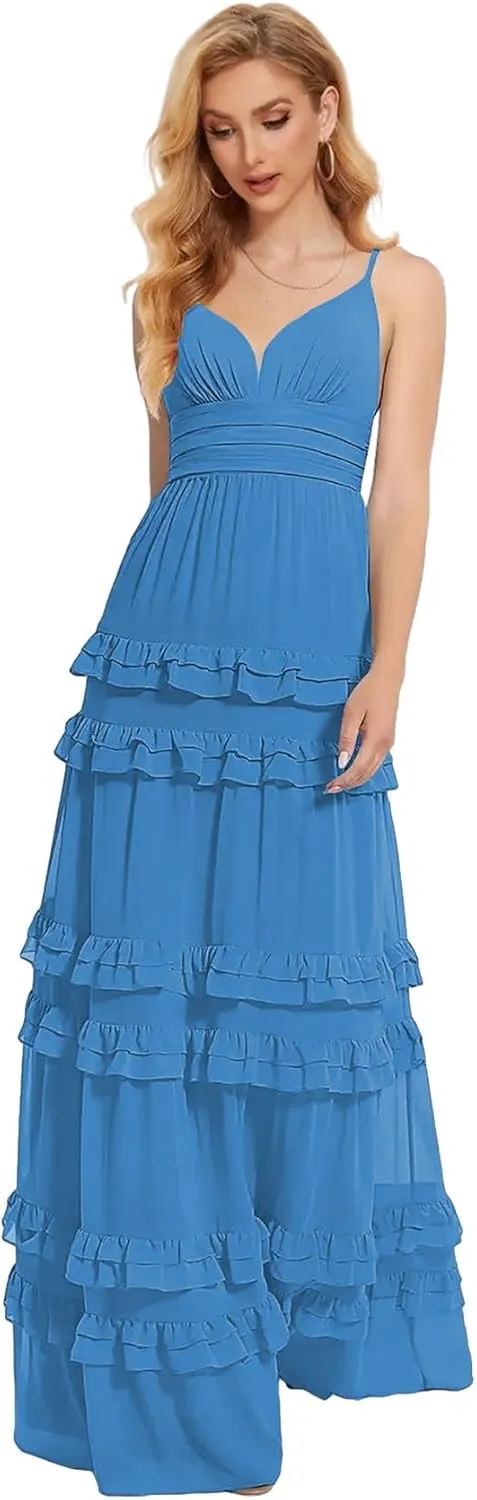 Zoghoo Spaghetti Straps Bridesmaid Dresses Long Formal Wedding Guest Dress Chiffon Layered Evening Gowns for Women