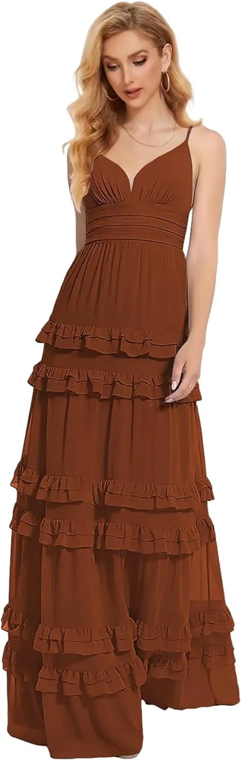 Zoghoo Spaghetti Straps Bridesmaid Dresses Long Formal Wedding Guest Dress Chiffon Layered Evening Gowns for Women